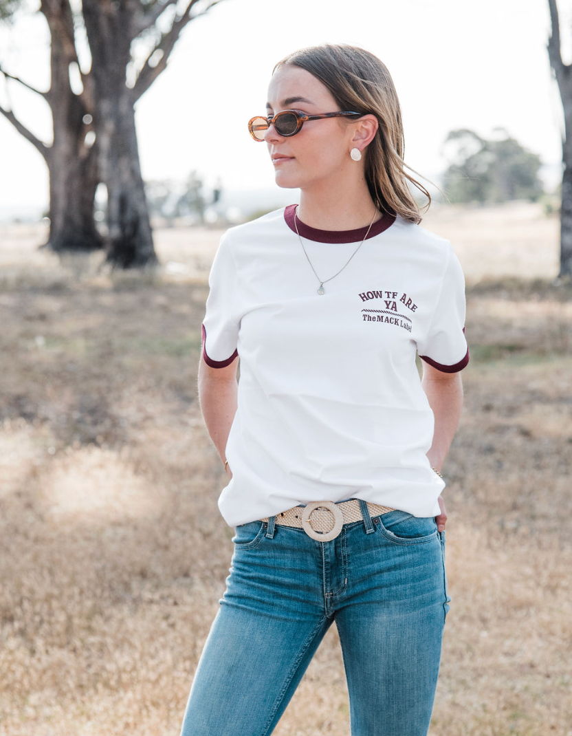 The MACK Ringer Tee (white with burgundy trim)